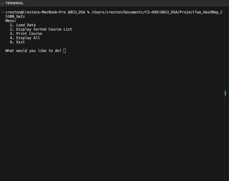 Screen recording of the ABCU course planner CLI. Loading the course file from the menu, then looking up a course and printing it with its prerequisites