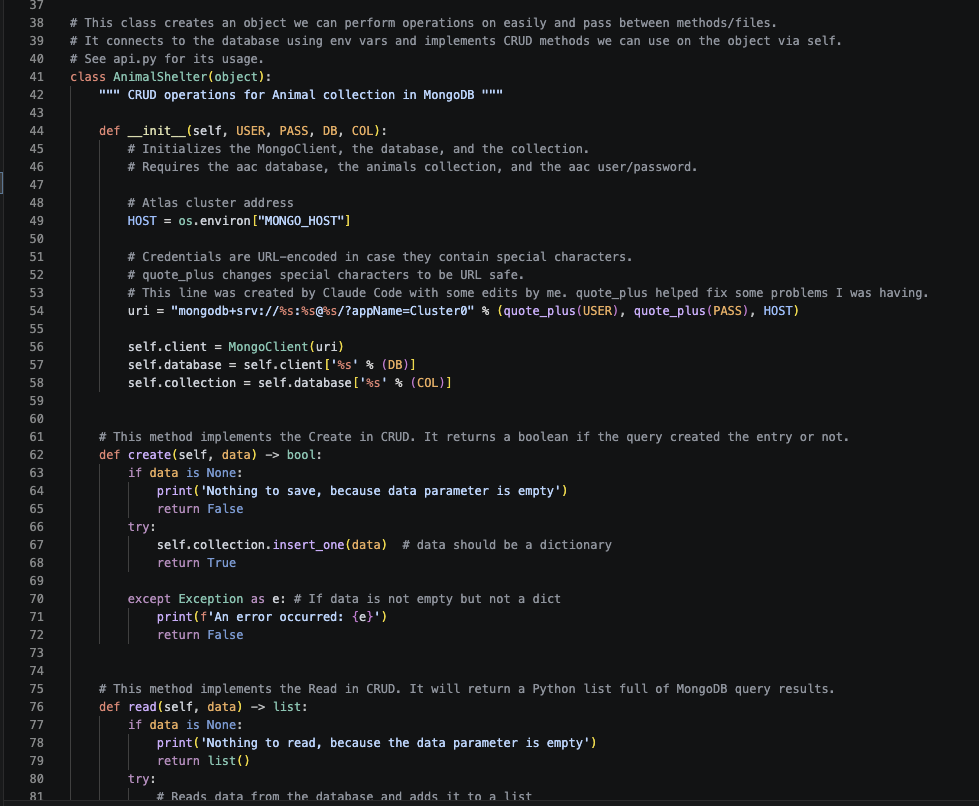 Animal Shelter class object using env variables to connect to the acc database, quote_plus for the URL, better code comments,
                 the create method in CRUD and part of the read method