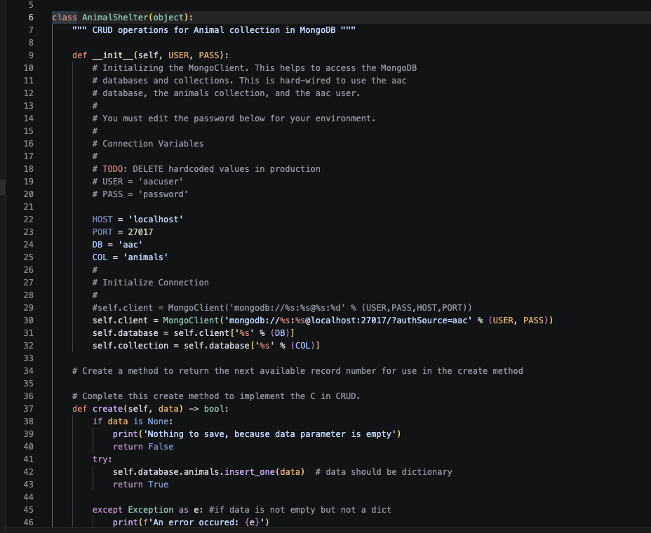 Animal Shelter class object connecting to acc database using hardcoded secrets, poor comments, and the create method
                 in CRUD