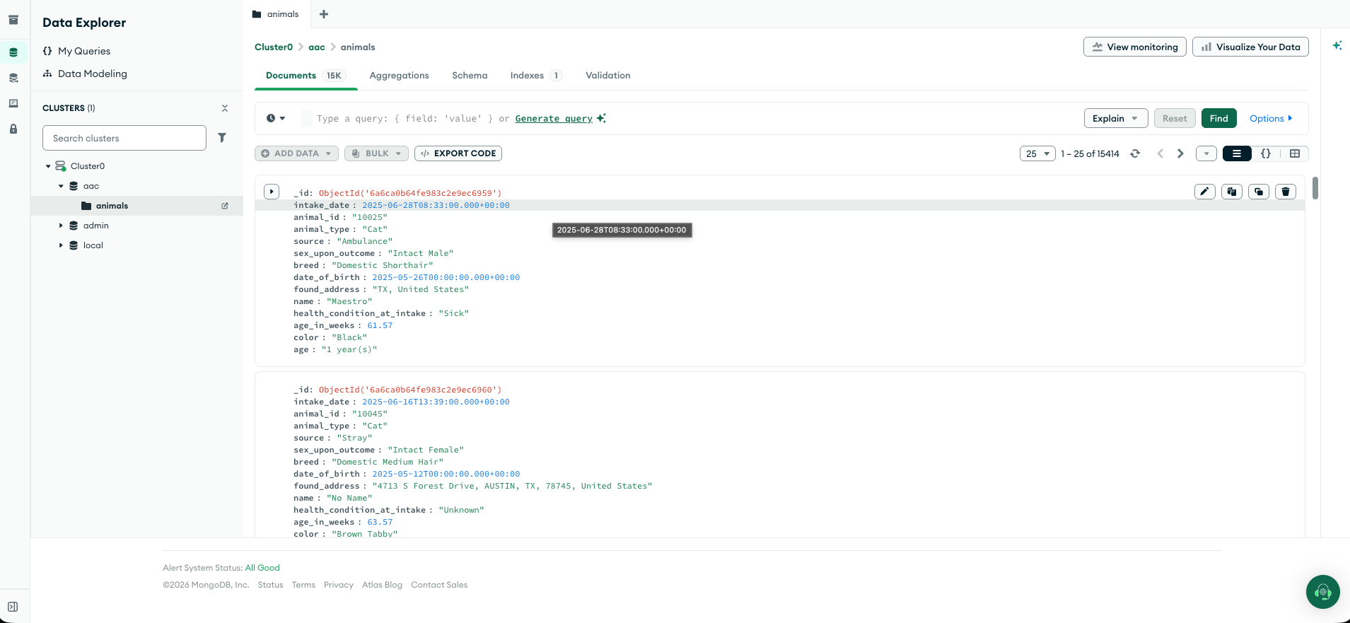 MongoDB Atlas Data Explorer showing the animals collection in the aac database,
                      with 15,414 documents containing fields such as intake_date, animal_type,
                      breed, found_address, age_in_weeks, and health_condition_at_intake