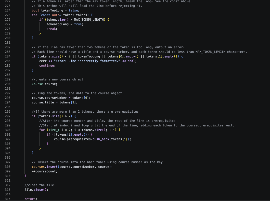 2 of 2 picture. C++ method readFileAndStore for the new Hashtable implementation of the program. It
                 opens the csv file, checks for limits such as max token length or max courses, creates a new course object, and
                 adds that course object to the hashtable.