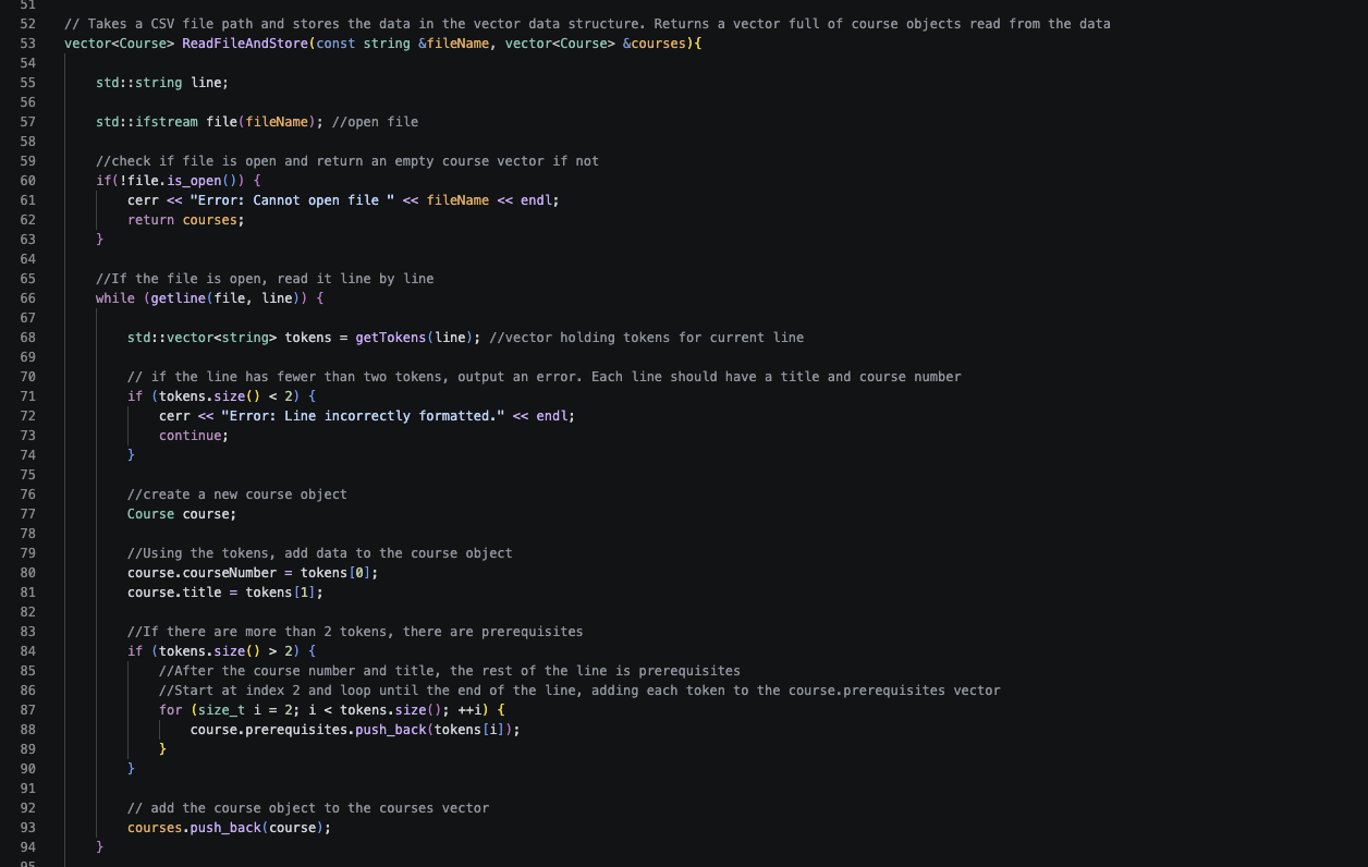 C++ method readFileAndStore for the old vector implementation of the program that opens
                 the csv file, reads it, creates new course objects and then adds them to the vector